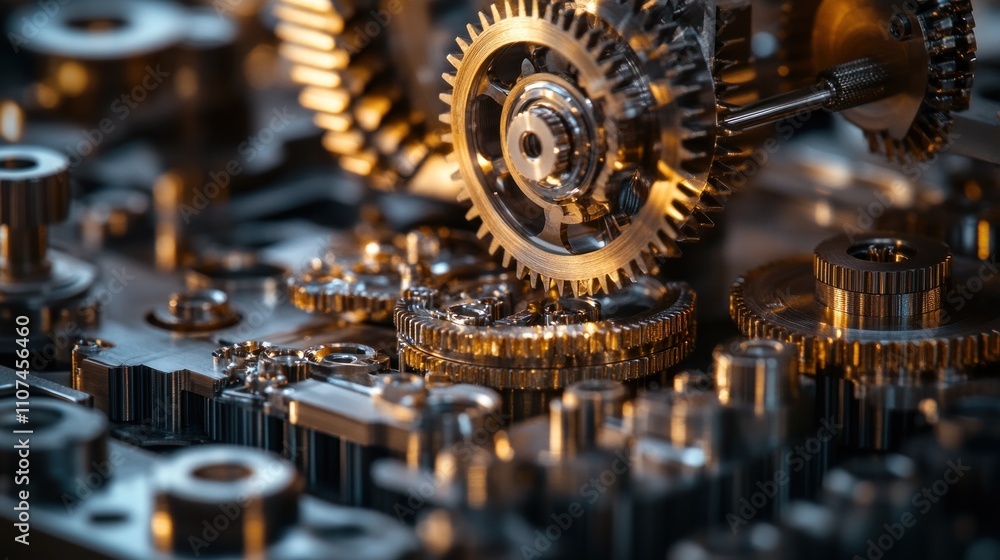 Poster close-up of intricate metallic gears in motion, showcasing complex engineering and precision mechani