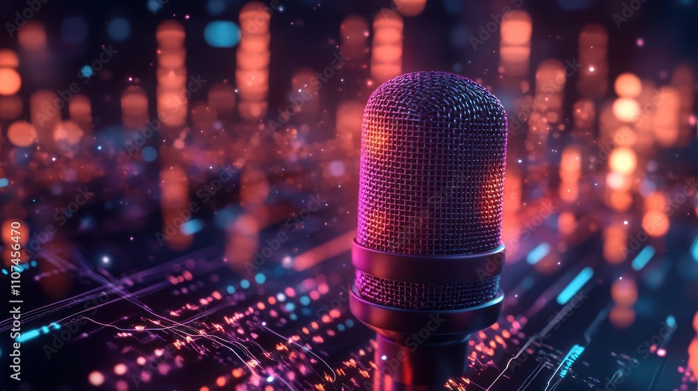 Poster a professional microphone sits on a glowing circuit board with colorful bokeh lights in the backgrou