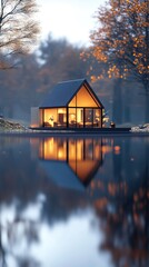 Fototapeta premium Modern cabin on tranquil lake at sunset, reflecting warm interior lights.