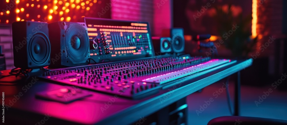 Poster a professional audio mixing console with faders and knobs in a dimly lit studio.