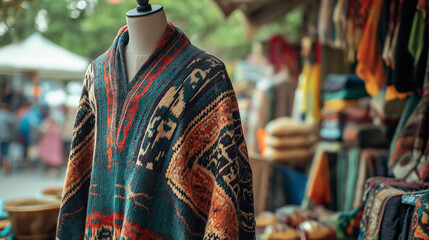 Simple poncho on a mannequin in an outdoor market stall with cultural patterns in the environment