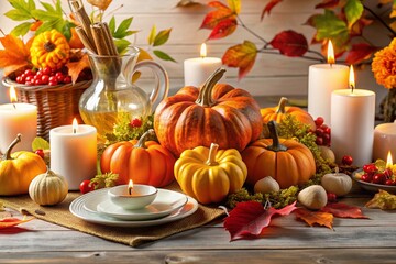 Embrace autumn with a warm Thanksgiving table adorned with pumpkins, colorful foliage, and rustic elements, fostering a festive atmosphere for celebrating the season&rsquo;s bounty.