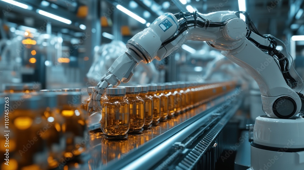 Poster a robotic arm moving amber bottles along an assembly line in a modern factory.