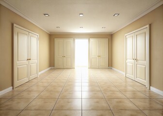Obraz premium Empty room featuring beige walls and tiled flooring, showcasing a spacious and modern design ideal for fashion photography—realistic clipart set against a white background.