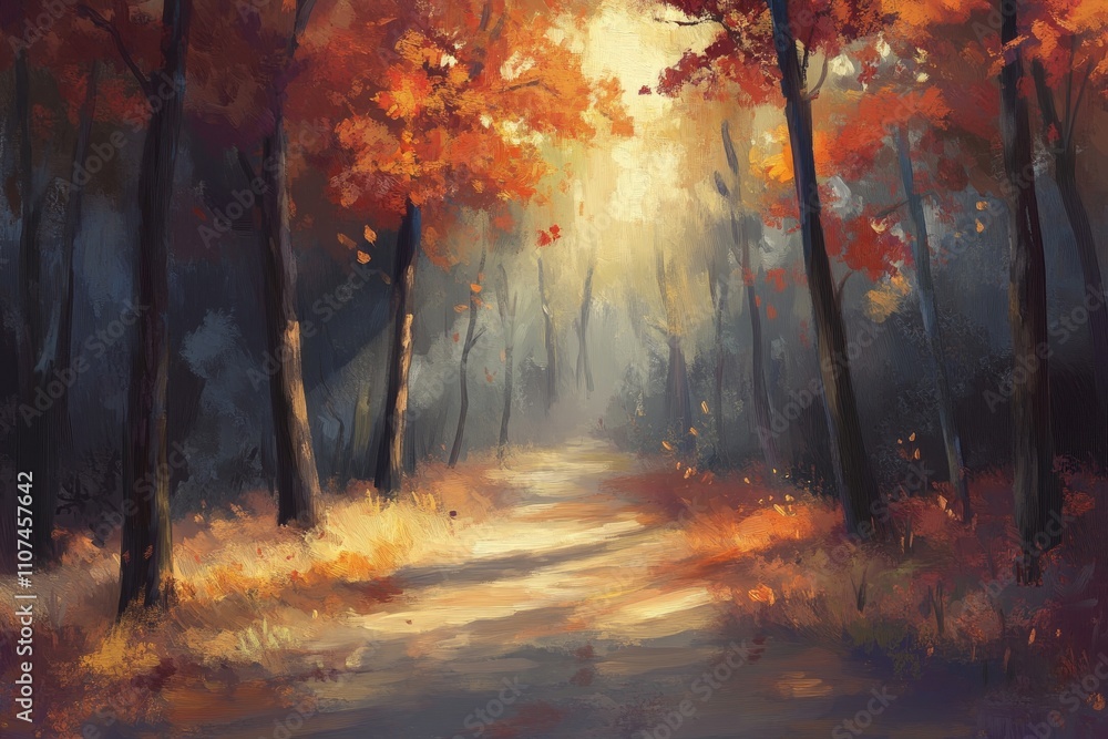Poster serene autumn landscape with colorful foliage and soft light filtering through trees in a peaceful f