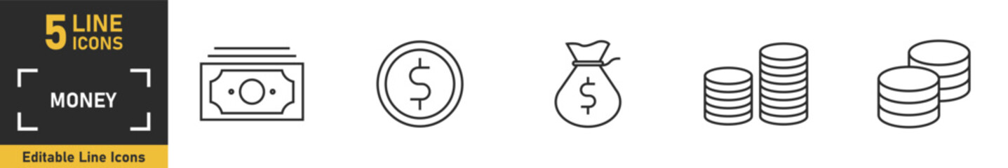 Fototapeta premium Money line icon set. Set of 5 outline icons related to money, dollar, coin, finance, income and more. Vector illustration.