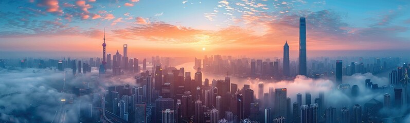 Fototapeta premium Skyscrapers in a city with a sunset in the background, banner