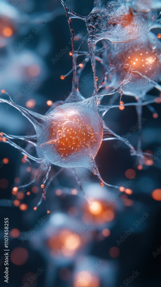 Aufkleber abstract 3d rendering of glowing cells with interconnected branches against a dark blue background.