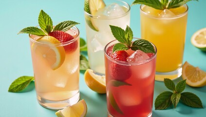 Fototapeta premium Vibrant illustration showcases a selection of summery drinks and cocktails featuring fresh fruit mint leaves and ice