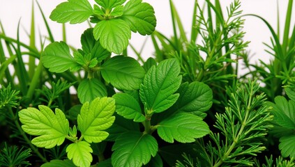 Green-bordered grass elements with herbal plants intermingled within