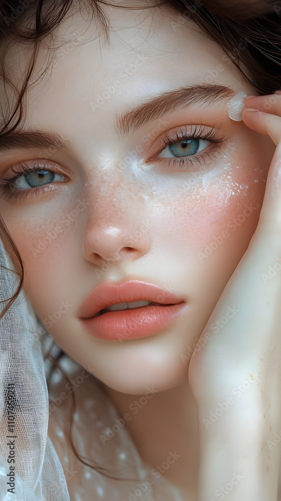 Poster a close-up portrait of a model with radiant, flawless skin, applying a gentle eye cream with a relax