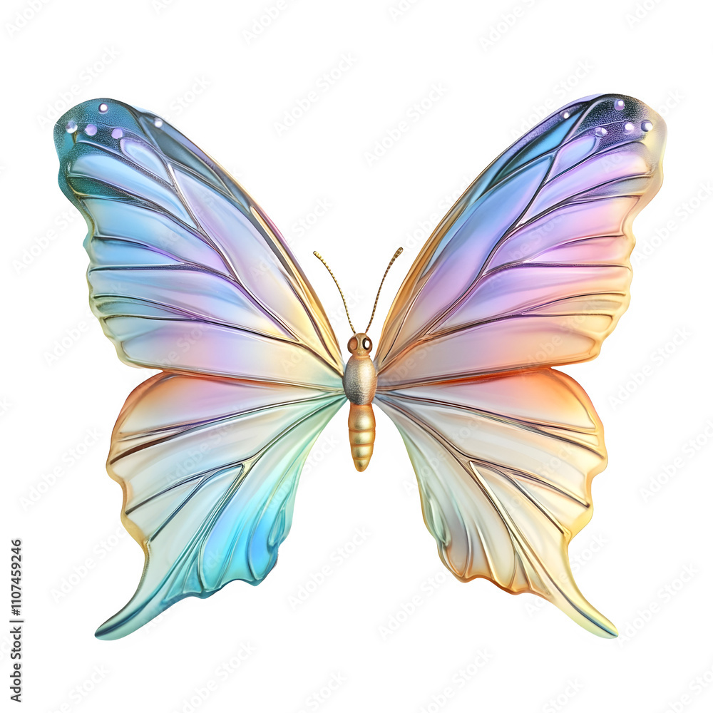Poster Gorgeous iridescent butterfly displaying vibrant colors and intricate details with open wings against a clear backdrop