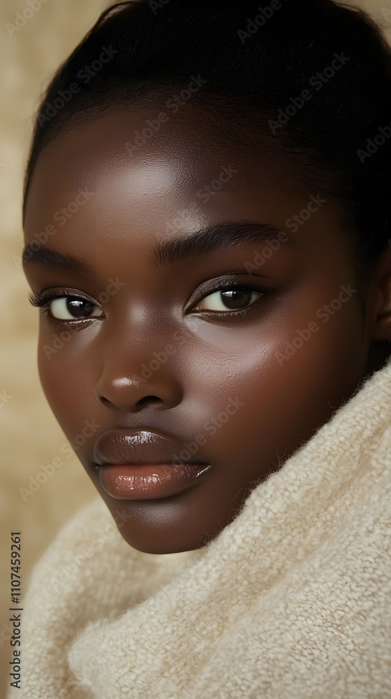 Poster a close-up portrait of a model with radiant, flawless skin, applying a gentle eye cream with a relax
