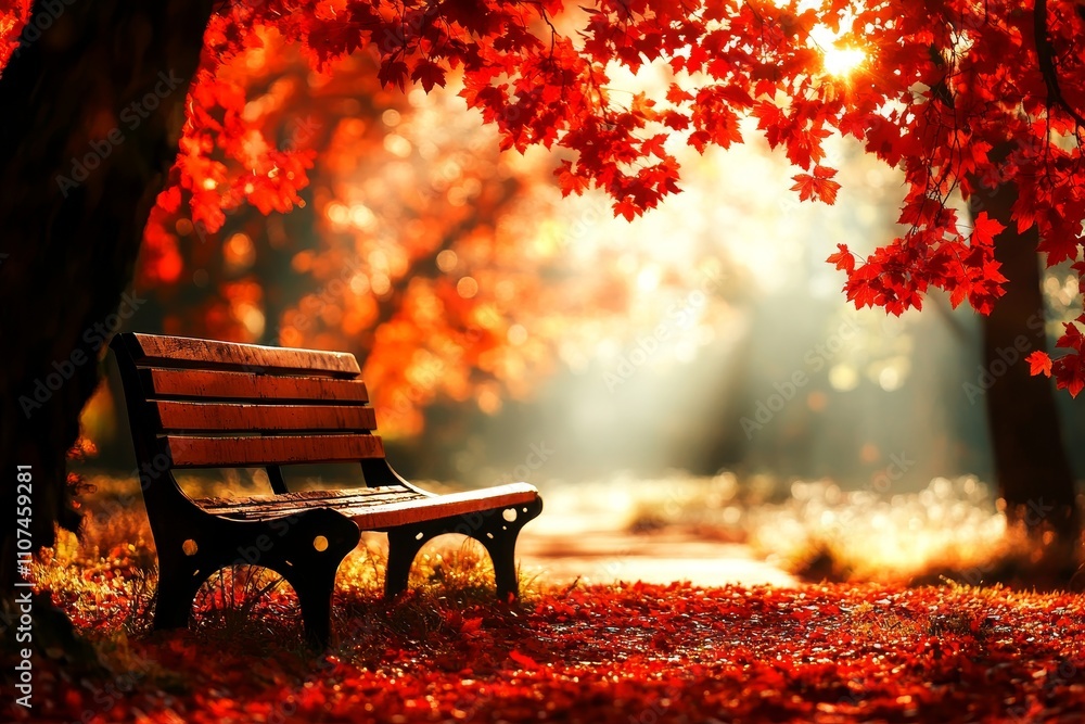 Poster serene autumn scene with empty wooden bench under vibrant red maple trees illuminated by soft sunlig