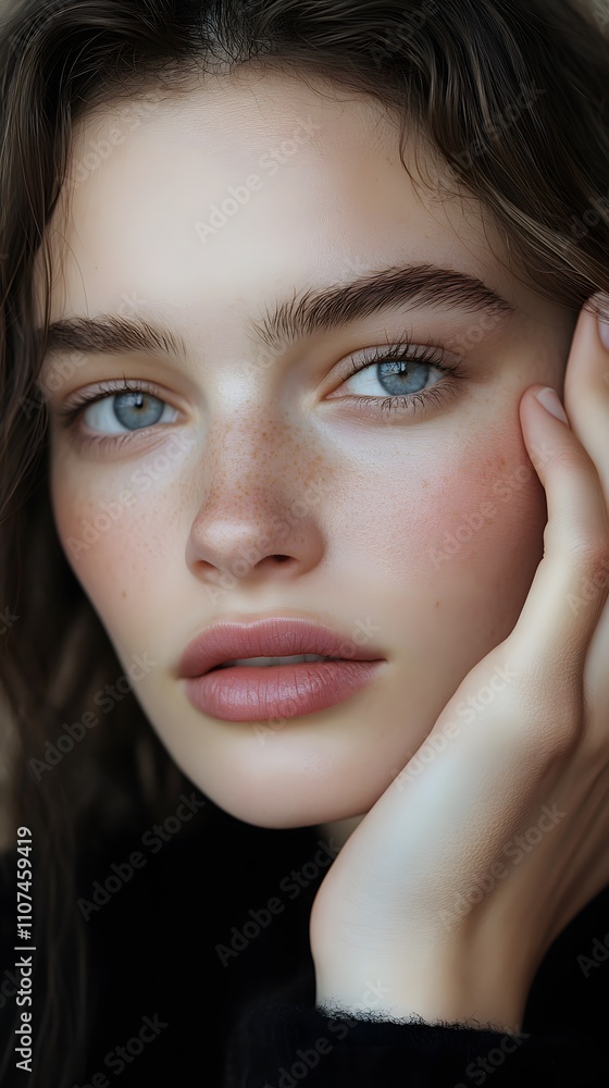 Poster a close-up portrait of a model with radiant, flawless skin, applying a gentle eye cream with a relax