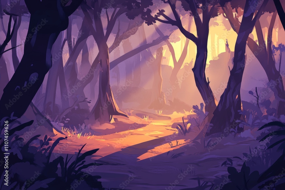 Poster serene enchanted forest path at dusk with mystical light filtering through lush greenery and trees, 