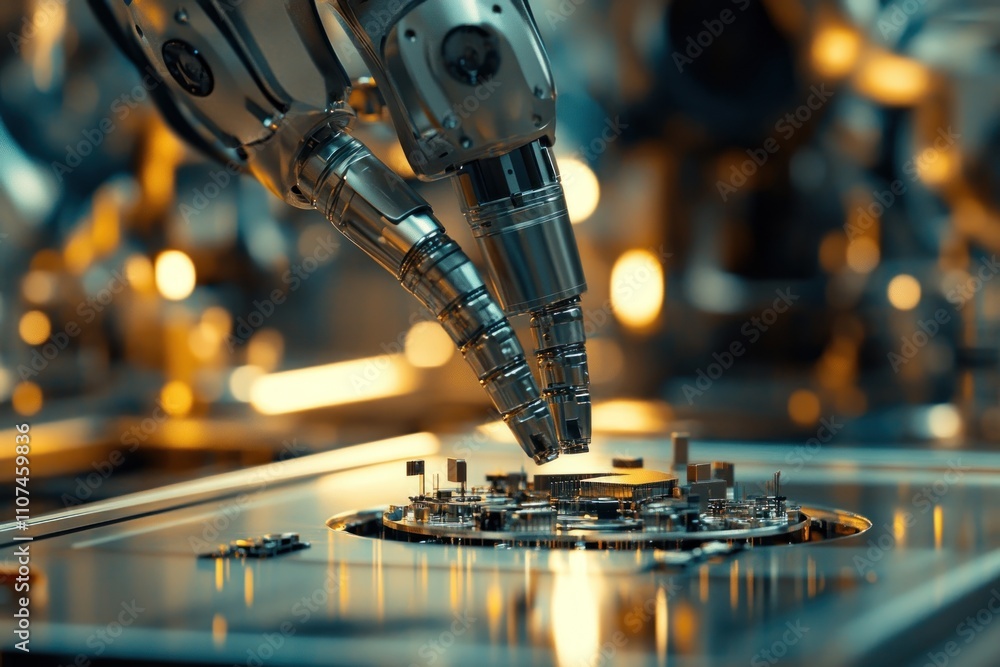 Poster Close-up of robotic arms assembling a circuit board in a factory setting.