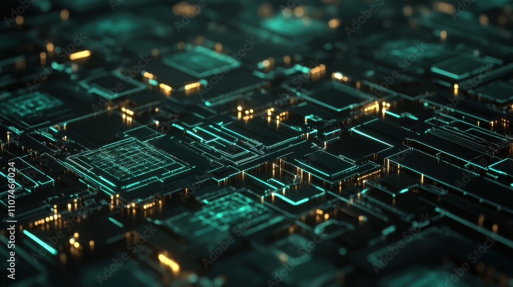 Poster abstract circuit board texture with glowing neon lines and intricate patterns, representing modern t