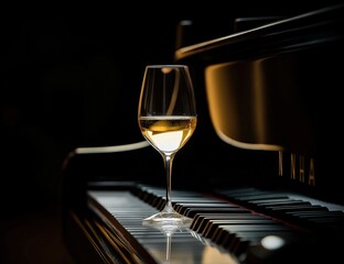 Glass of white wine is placed on the piano