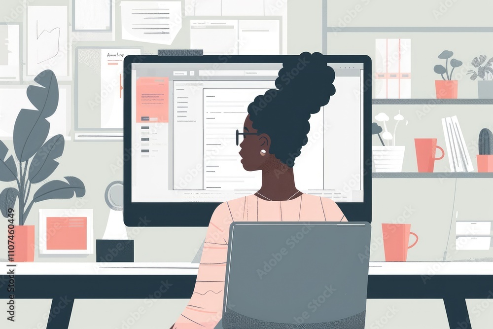 Poster a person working at a desk with a computer in a modern office setting.