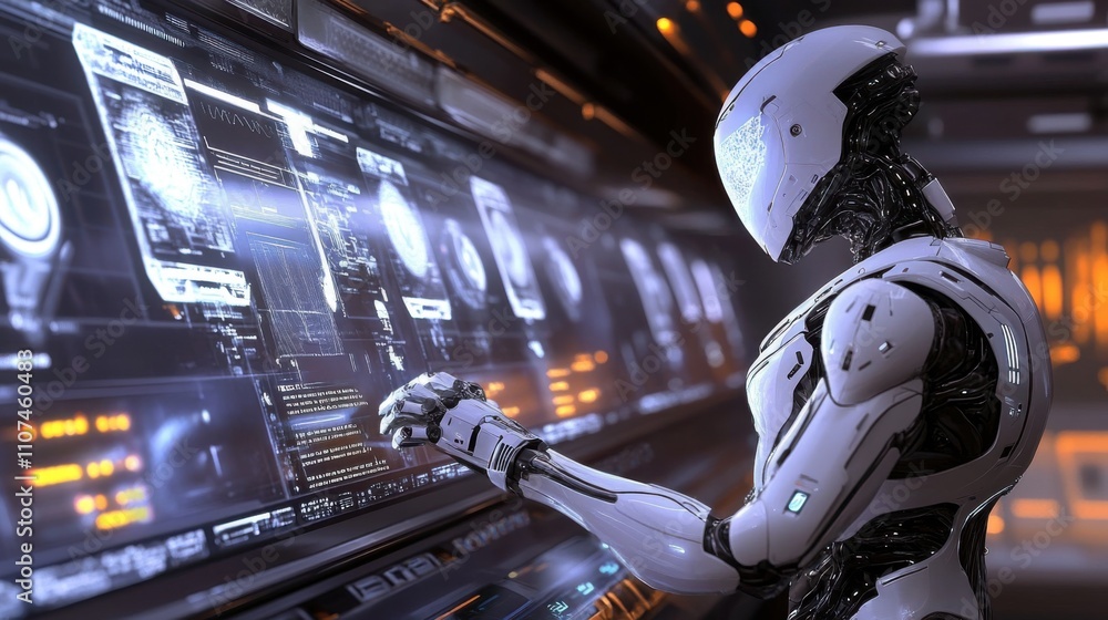 Aufkleber futuristic robot analyzing digital data on a high-tech control panel in a neon-lit sci-fi environmen