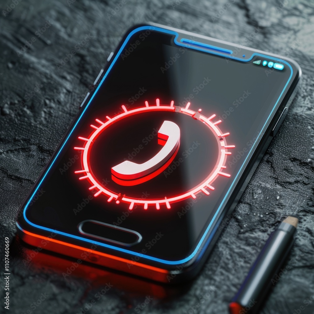 Poster a smartphone displaying a red phone icon on a dark surface, indicating an incoming call.