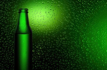 Green background with water droplets and a bottle 