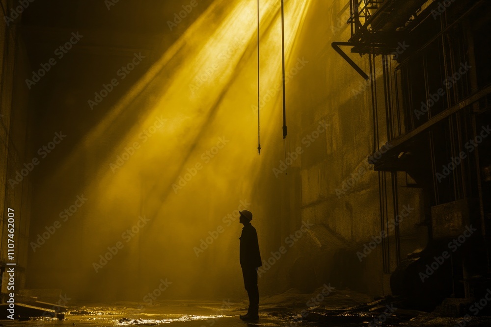 Poster silhouetted figure standing in a dimly lit abandoned space with dramatic yellow light beaming throug