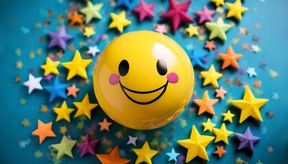 Naklejka premium smiling yellow emoji ball surrounded by colorful stars creates a cheerful and playful mood