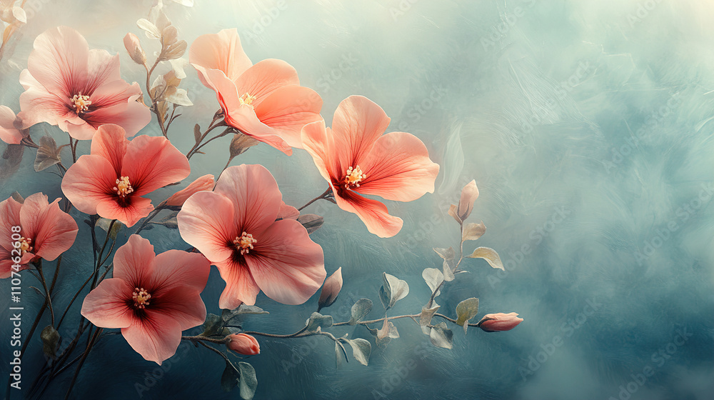 Poster beautiful pink flowers bloom against a soft blue background creating a serene and calming atmosphere