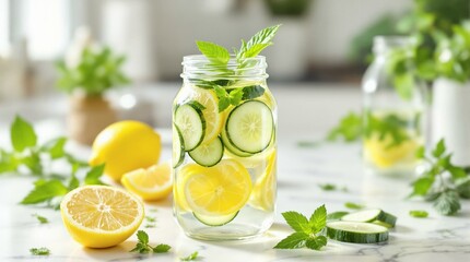 Fototapeta premium hydrating infused water blend showcasing fresh lemon, cucumber and mint on sleek marble backdrop