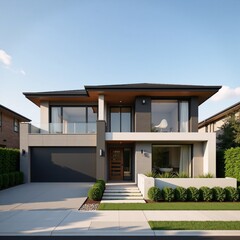 Fototapeta premium Ultrarealistic image modern stone clad home with large windows wooden eaves in lush greenery Perth style