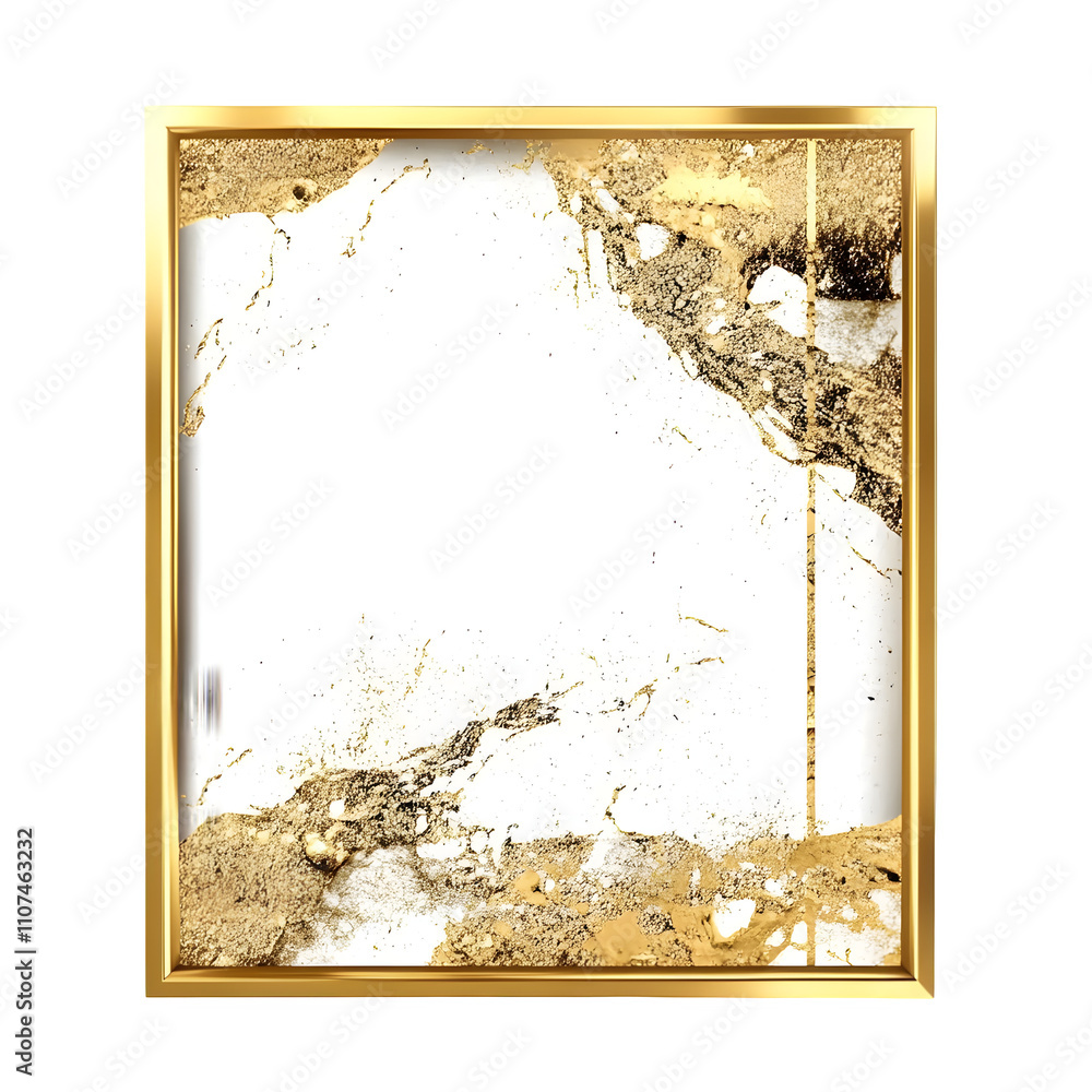 Poster luxurious and elegant design with white and gold paint splatter and a gold frame on a transparent ba