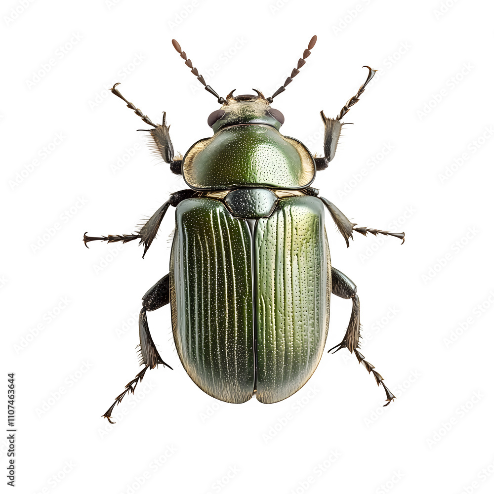 Poster dorsal view of a metallic green beetle specimen, isolated on transparent background, ready for compo