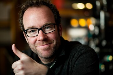 Obraz premium Smiling Man with Glasses Giving Thumbs Up Gesture in a Cozy Indoor Setting, Displaying Confidence and Positivity in a Well-Lit Environment