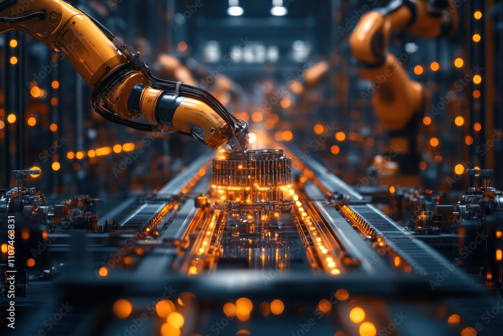 Aufkleber robotic arms assembling components on a futuristic assembly line.