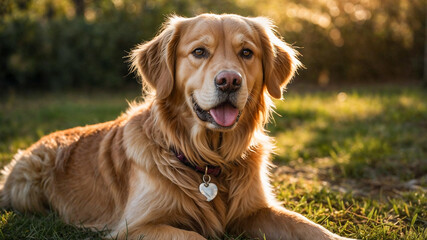 Obraz premium Full-length golden retriever dog, long hair, in the garden, close-up photo.