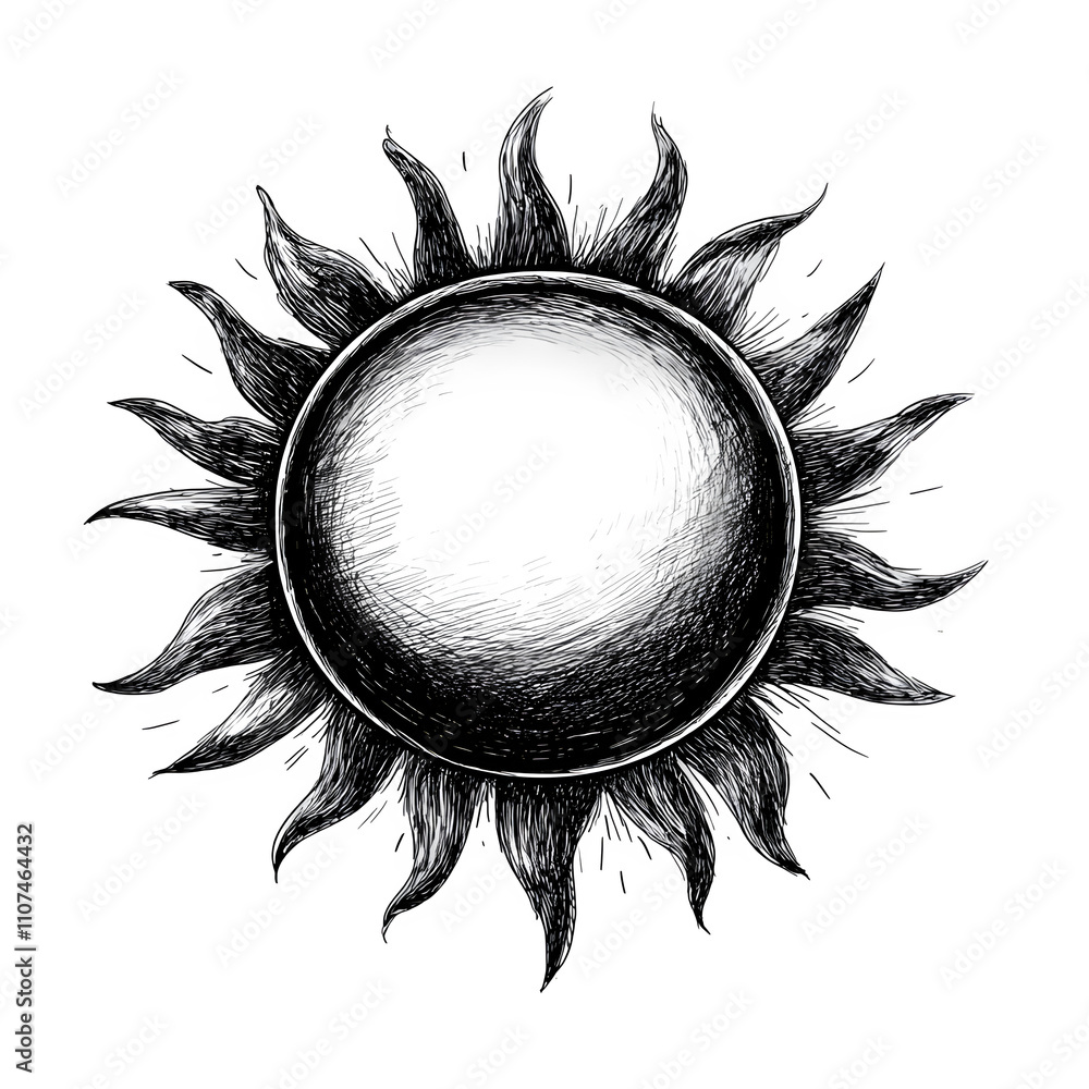 Poster Sunburst sketch with energetic vibes, ideal for summer-themed projects or celestial designs on a clear backdrop