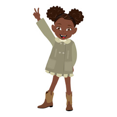 Flat  Illustration of Cute African American Kid Girl Wearing a Coat and Boots. Item 3