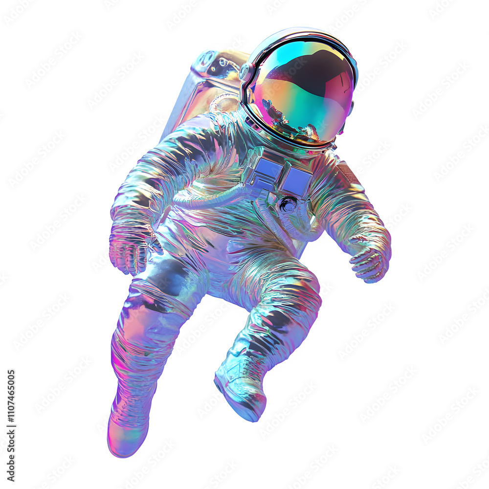 Poster holographic astronaut in spacesuit floating in outer space, with transparent background, perfect for
