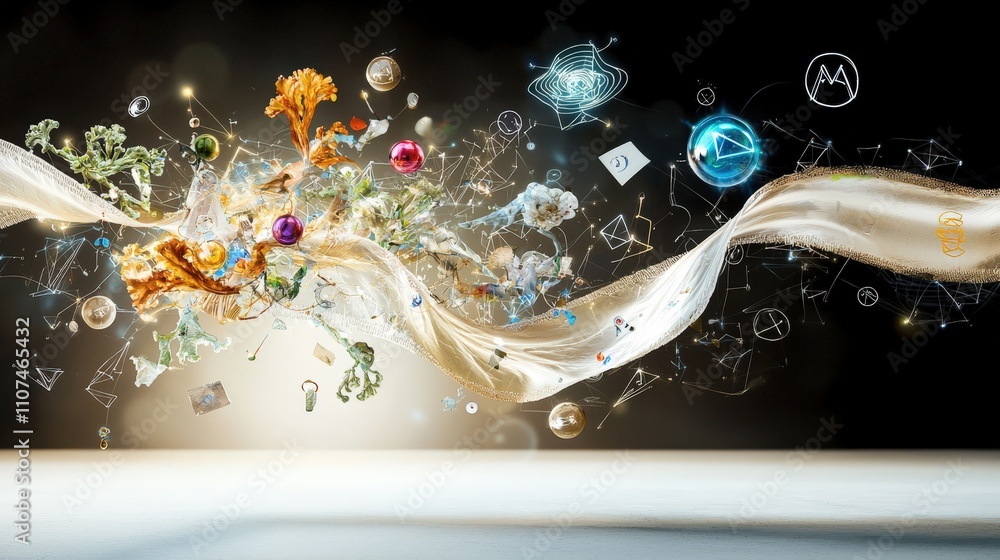 Leinwandbilder Dynamic unraveling of a ribbon with floating elements abstract art studio colorful conceptual exploration