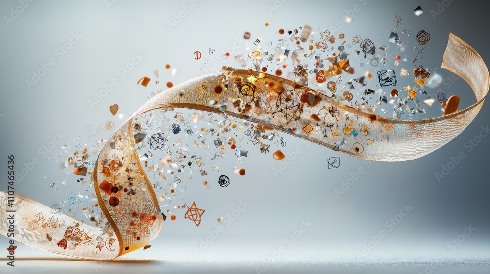 Aufkleber Whimsical digital art close-up of unraveling ribbon with floating elements in an abstract creative environment