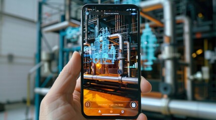 Close up of a hand holding a modern smartphone displaying a futuristic cityscape at night  The image shows a vibrant city skyline with illuminated skyscrapers neon lights and traffic below