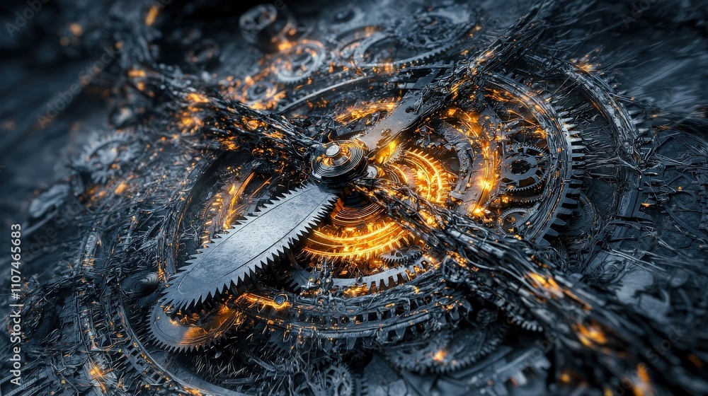 Poster Mechanical precision a gleaming cutter slicing through layers in an industrial workshop environment