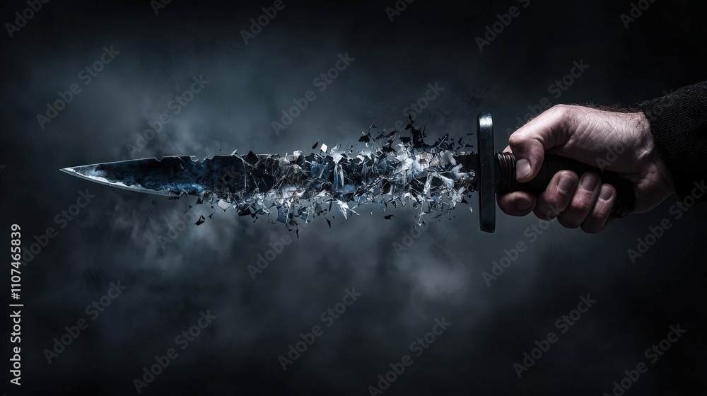 Poster artistic photograph close-up of a fragmented blade in a dark studio with a gripping intense atmosphe