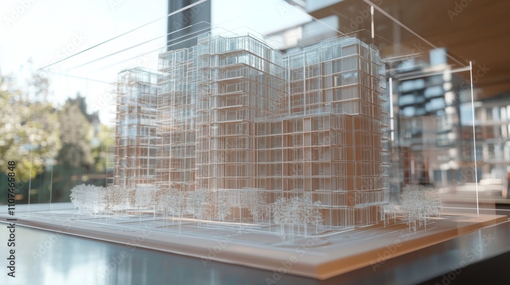 Poster a transparent architectural model features multiple stories of a modern residential building surroun