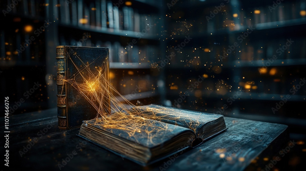 Poster Enchanting bookshelf with glowing threads connecting knowledge library digital art dark atmosphere mystical concept