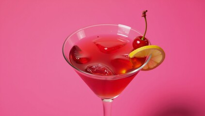 A cosmopolitan cocktail adorned with lemon  cherry garnishes against a pink backdrop