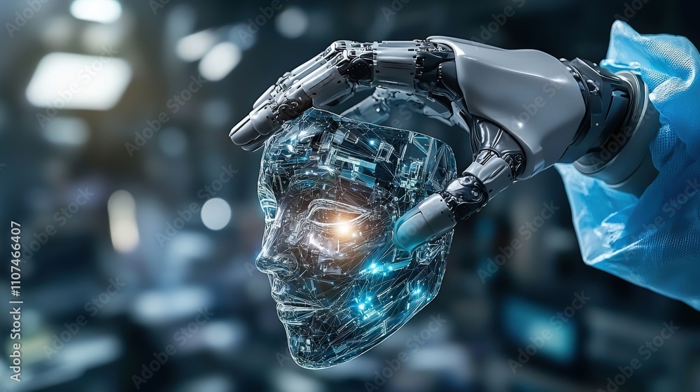 Poster robotic hand lifts shimmering digital mask in high-tech laboratory futuristic scene innovative techn