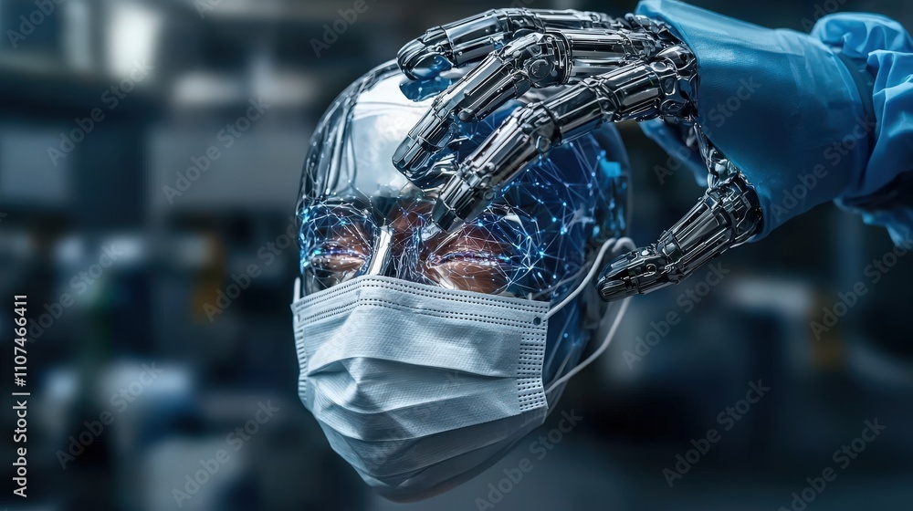 Aufkleber robotic hand lifts shimmering digital mask in high-tech lab futuristic concept close-up view innovat
